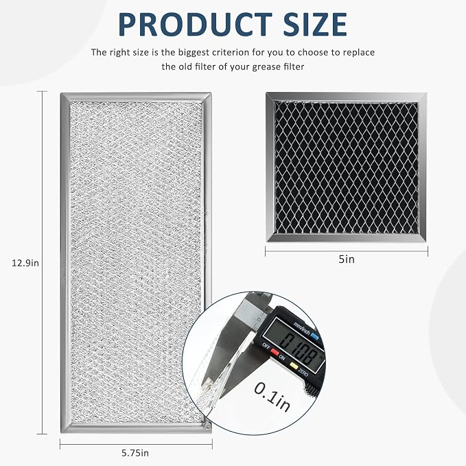 AMI PARTS W10208631A Grease Filter 13"x6" 2-Pack & 8206230A Charcoal Filter 4-Pack Compatible with Whirl-pool May-tag Aluminum Mesh & Carbon Layer Traps Grease & Absorbs Odors