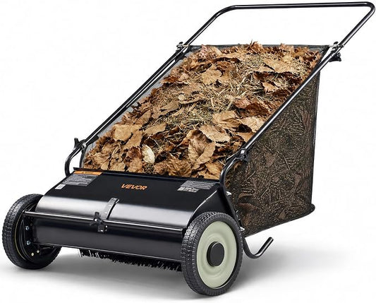 VEVOR Push Lawn Sweeper 26 Inch Leaf & Grass Collector Strong Rubber Wheels | Heavy Duty Thickened Steel Durable to Use with Large Capacity 7 ft³ Mesh Collection Bag, 4 Spinning Brushes