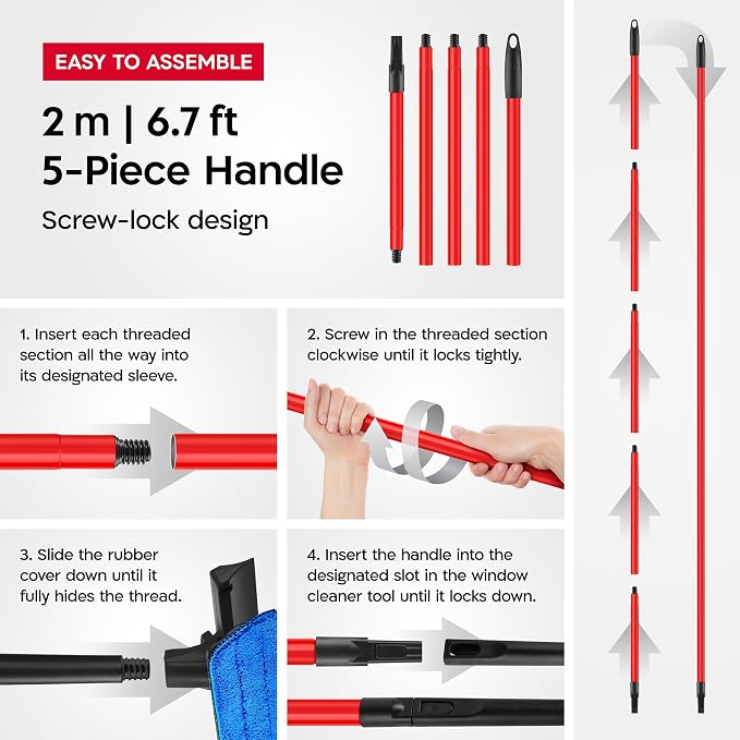 Tyroler Windows Washing Kit with Extension Pole | 12"-80" 5-Part Handle | | 2-in-1 Professional Telescopic Window Squeegee for Home | Indoor & Outdoor Window Cleaner Tool for High Windows & Glass