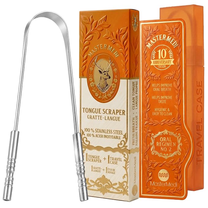 MasterMedi Tongue Scraper with Case Easy to Use Tongue Scraper for Adults, Tongue Cleaner for Oral Care & Hygiene (Single Pack (with Travel Case))