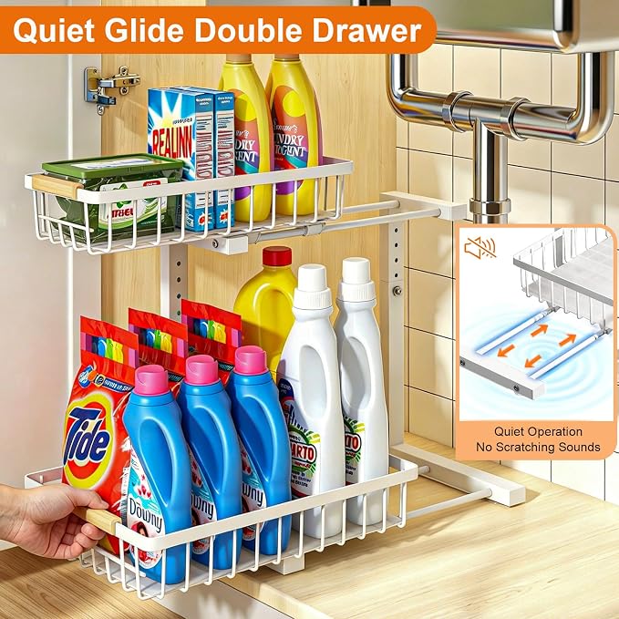 REALINN Under Sink Organizer, Height Adjustable Under Sink Organizers and Storage, 2 Tier Pull Out Drawer Cabinet Storage for Kitchen Bathroom, 1 Pack, White