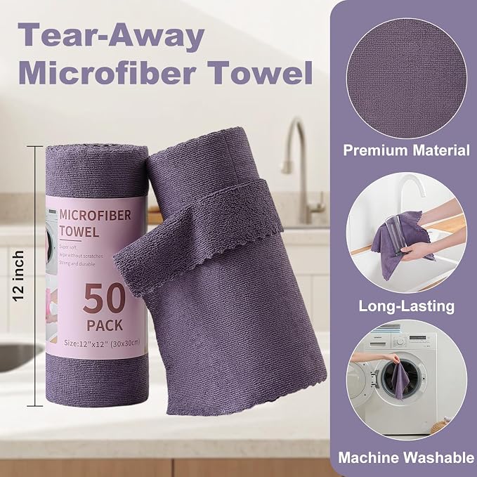 Jessy Home 2 Roll Reusable Paper Towels,100 Sheets Tear Away Microfiber Cleaning Cloth, Lint Free Cleaning Rags for Kitchen, Dishcloth,Household Cleaning Supplies