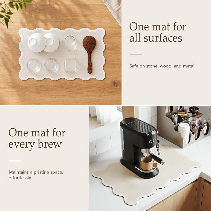 Scalloped Dish Drying Mat for Kitchen Counter, Absorbent Easy Clean Non-slip Coffee Bar Station Accessories, Trendy Cute Aesthetic Modern Drainer Kitchen Drying Mat, Beige 12" x 19"