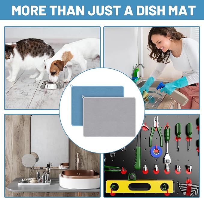 Hushee 2 Pack Extra Large Dish Drying Mat Microfiber Absorbent Dish Drying Pad Large Size Dishes Drainer Mats for Countertop, Sink, Refrigerator or Dryer (30 x 24 Inch,Blue, Gray)