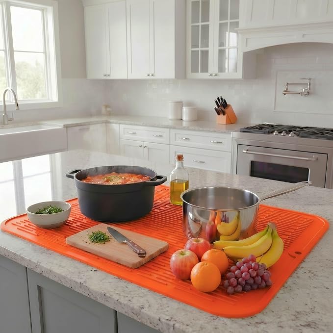 MicoYang Silicone Dish Drying Mat for Multiple Usage,Easy clean,Eco-friendly,Heat-resistant Silicone Mat for Kitchen Counter or Sink,Refrigerator or Drawer Liner Orange 2XL 24 inches x 18 inches