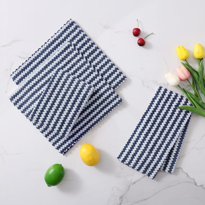 Homaxy 12 Pack Kitchen Dish Cloths, Ultra Soft and Absorbent Dish Towels, Reusable Fast Drying Microfiber Cleaning Cloth, Coral Velvet Wave Design No-lint, 10 x 10 inches, Navy Blue