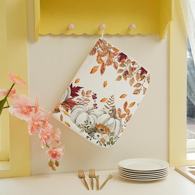 Fall Dish Drying Mat 18x24 Inches For Kitchen Counter Orange White Pumpkin Leaves Kitchen Decor Drying Mat Decorative Autumn Thanksgiving Drying Pad for Home Kitchen,Dining Room Decoration