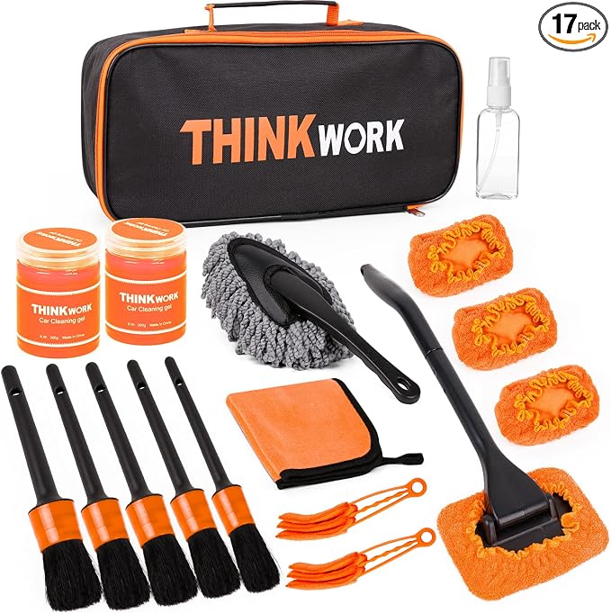 THINKWORK Windshield Cleaner Tool, Car Detailing Kit Interior, Car Cleaning Kit Interior and Exterior Detail Brush, Auto Supplies & Accessories for Men Women | 180 Degree Rotating Head, Extendable Handle, 3 Washable Pads, Streak Free Cleaning for Windo...