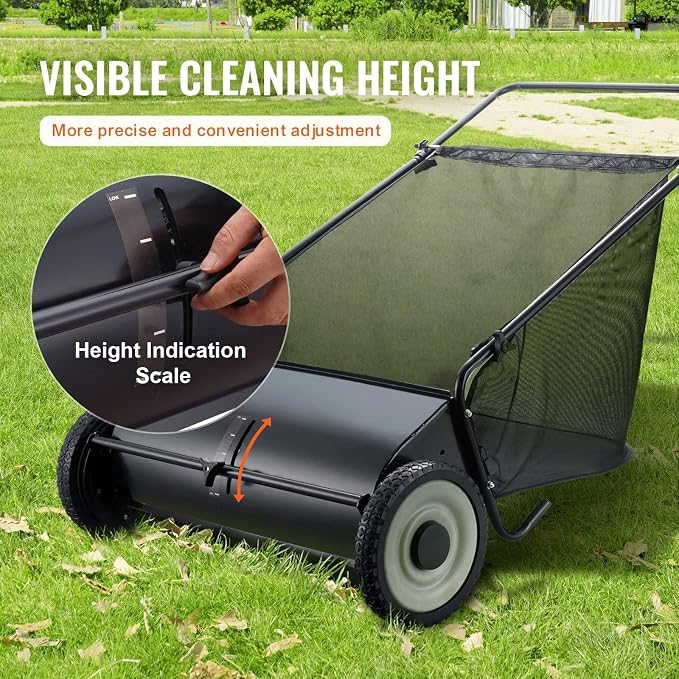26 Inch Push Lawn Sweeper, Hand Powered Leaf & Grass Sweeper with 7 Cu Ft Hopper, 4 High-Speed Brushes, Height Adjustable, ABS & Steel Frame for Yard Lawn Cleanup (Black 2, 26 Inch)