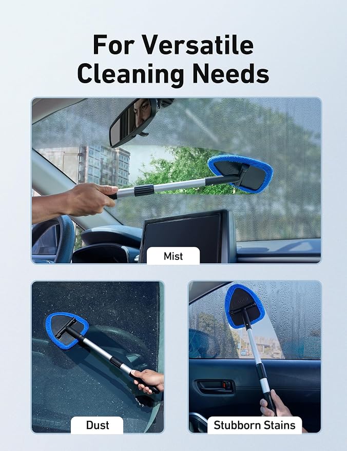 AstroAI 26" Super-Long Windshield Cleaner Tool, Car Interior Window Detailing Cleaning Kit with Extendable Handle and 4 Upgraded Reusable Microfiber Pads, Auto Glass Wiper Brush Kit for Car&Home, Blue