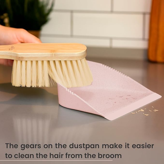 Vigar Zeroline Mini Bamboo Broom with Dustpan Combo Set, Pink | Small Dust Pan and Brush Set, for Dust, Pet Hair, Car, and Crumb, House, Kitchen Broom