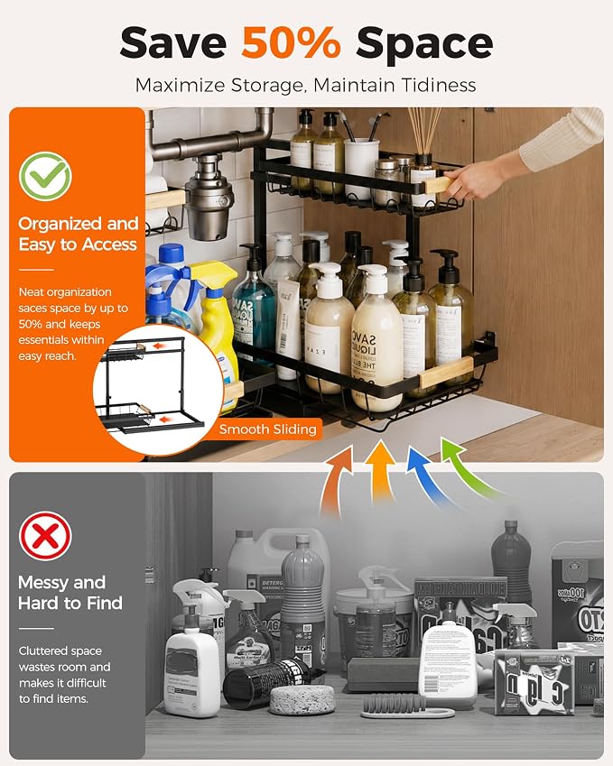 Sevenblue 2-Pack 2-Tier Height Adjustable Under Sink Organizer & Storage | Multi-purpose storage for kitchen & bathroom cabinet. Large black shelf, height adjustable design for space-saving.