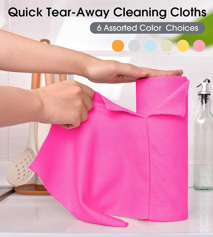 KitchLife Microfiber Cleaning Cloth Roll - Tear-Away Reusable Microfiber Paper Towels, Lint-Free, Washable, 20 Sheets for Kitchen, Car, Dishes, and Sensitive Surfaces (Hot Pink)