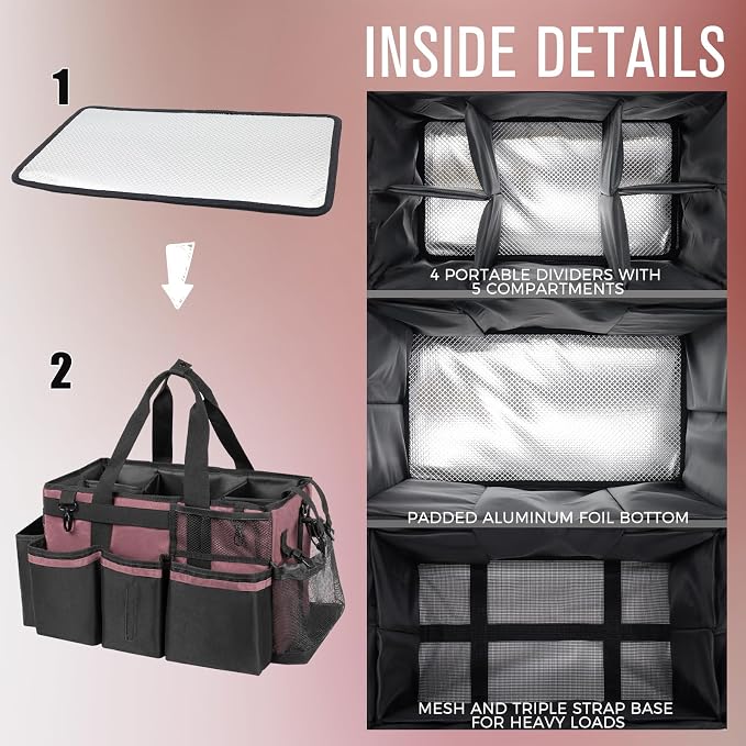 SCAVATA Wearable Cleaning Caddy, Cleaning Caddy Supplies Organizer with Handle & Shoulder Straps for Housekeepers, Under Sink & Car Cleaning Tool Organizers Bag with 4 Foldable Divider (LotusPink)