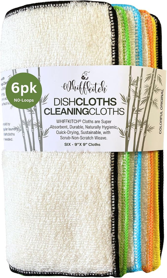 Whiffkitch Dishcloths Dishrags for Kitchen and Household Cleaning 9x9 6-Pack Non-Scratch 2-Ply Weave, Bamboo-Rayon Fabric, Absorbent, Washable, Long-Lasting (No Loops)