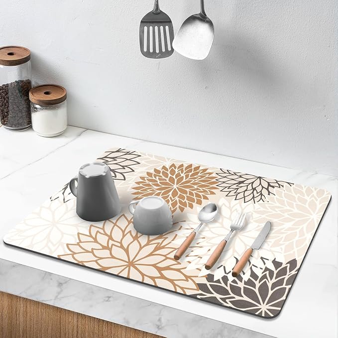 Findosom 2PCS 16" x 24" Dish Drying Mat & 24" x 5.5" Sink Splash Guard, Super Absorbent & Cuttable Dish Mat Drying Kitchen Mat with Brown Floral, Hide Stain Drying Mat for Kitchen Counter
