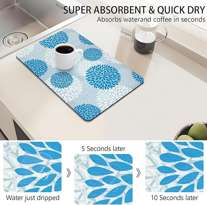 Dish Drying Mat, Dish Mat Drying Kitchen Mat with Rubber Backed, Hide Stain Kitchen Super Absorbent Draining Mat, Easy to Clean Dish Rack Pad for Dishes Countertop (Blue Floral, 12" x 19" )