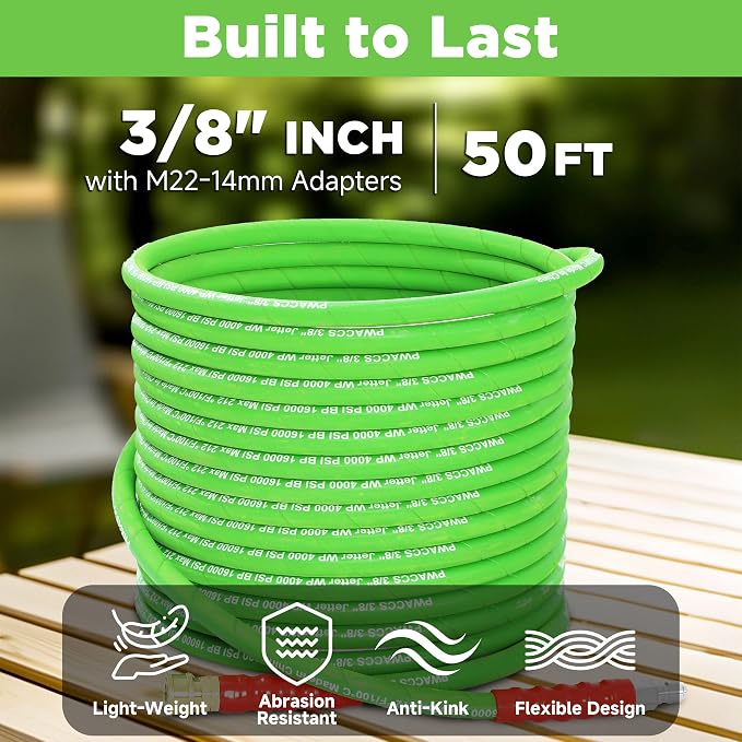 PWACCS Pressure Washer Hose 50 FT, 3/8" Kink Resistant Steel Braided Hoses | Power Washer Hose, Quick Connect with M22 14 Fittings, Cold/Hot Water, 4000 PSI