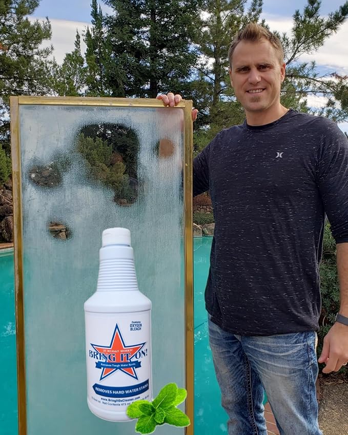 Bring It On Cleaner Hard Water Stain Remover 16 oz | Glass, Soap Scum Remover for Shower Glass, Fiberglass, Windows, Tile and Grout Cleaner, and Includes Scrubbing Drill Pads