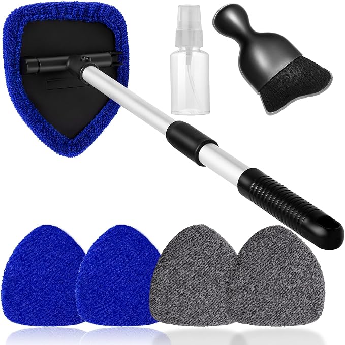 Qydipclin 7pcs Windshield Cleaner Tool Car Window Cleaning Wash Kit with 4 Reusable Microfiber Pads 1 Spray Bottle and Extendable Handle Auto Glass Wiper Kit, Blue&Gray