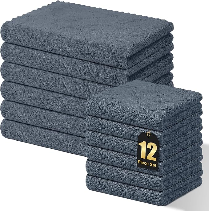 Homaxy Kitchen Towels and Dishcloths Set, 10 x 10 and 13 x 19 Inches, Set of 12 Super Soft and Absorbent Coral Velvet Kitchen Towels, No Lint and Nonstick Oil Fast Drying Dish Towel, Dark Grey