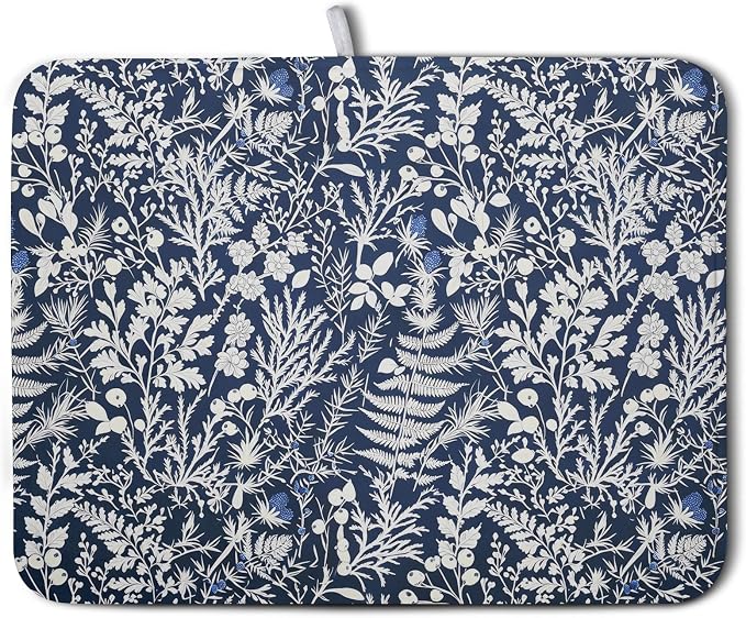 Blue and White Plant Dish Drying Mat Botanical Fern Leaves Floral Drying Mats for Kitchen Counter Microfiber Absorbent Dish Draining Mat Reusable Washable Dish Rack Pad 18x24 Inch