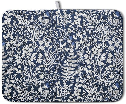 Blue and White Plant Dish Drying Mat Botanical Fern Leaves Floral Drying Mats for Kitchen Counter Microfiber Absorbent Dish Draining Mat Reusable Washable Dish Rack Pad 18x24 Inch