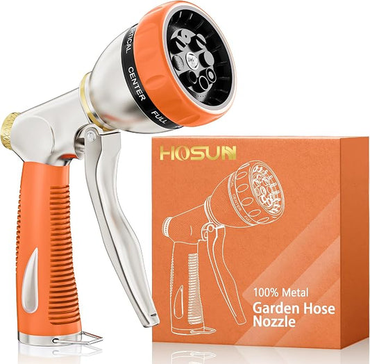 HOSUN 100% Metal Garden Hose Nozzle Sprayer with Ergonomic Handle, Orange