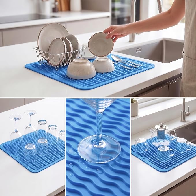MicoYang Silicone Dish Drying Mat for Multiple Usage,Easy clean,Eco-friendly,Heat-resistant Silicone Mat for Kitchen Counter or Sink,Refrigerator or Drawer liner Lichen BlueL M 12 inches x 12 inches