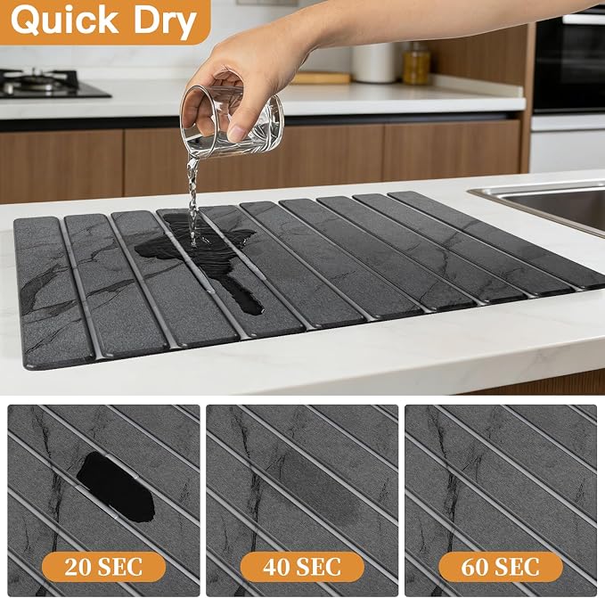 Stone Dish Drying Mat for Kitchen - Diatomaceous Earth Drying Mats | Grey Color, Quick Dry Counter Mats, Foldable Design, Super Absorbent, (24"×16"/ 8"x4" / 1 Drain Rack) , for Dishes Cups
