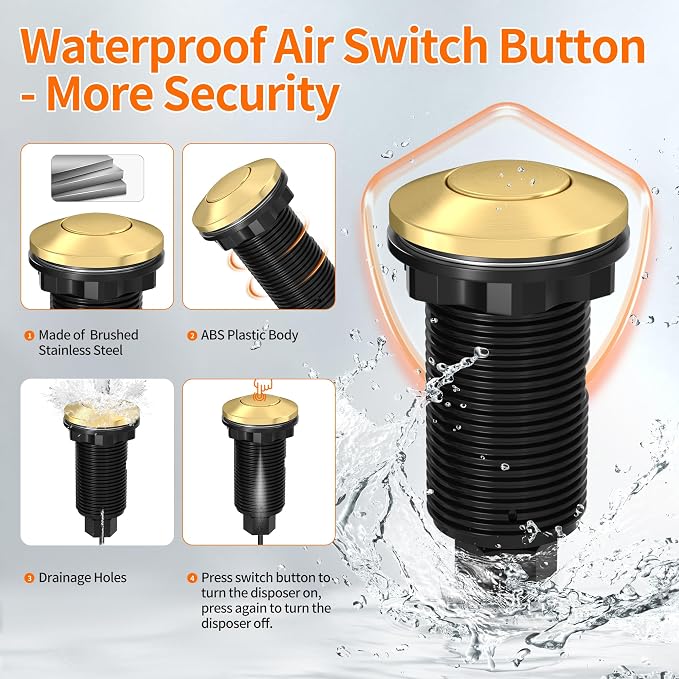 Joinfworld Garbage Disposal Air Switch Kit Waterproof Garbage Disposal Button Kit with Long Garbage Disposal Switch Brushed Brass/Brushed Champagne - UL Listed