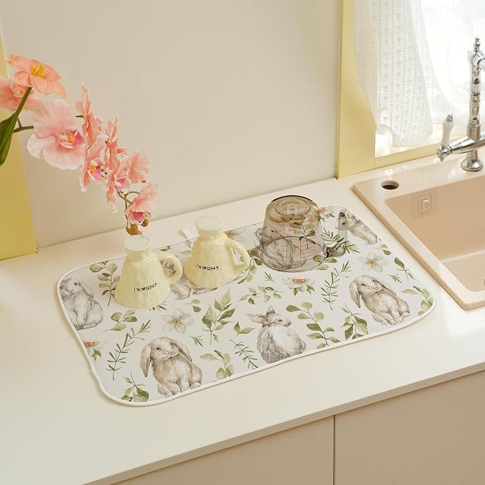 Spring Dish Drying Mat 18x24 Inches For Kitchen Counter Absorbent Easter Green Rabbit Floral Kitchen Decoration Bunny Flower Drying Mat Pad For Home Kitchen,Dining Room,Office Decor
