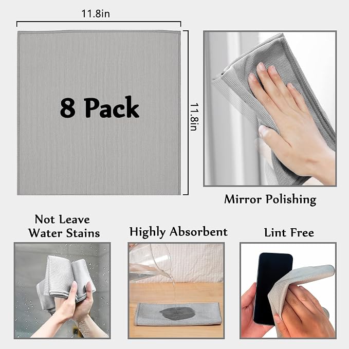 XANGNIER Microfiber Glass Cleaning Cloths,8 Pack Streak Free Miracle Cleaning Cloth,Reusable Lint Free Cleaner Towels for Kitchen,Windows,Mirror,Glasses,Car Windshields,Stainless Steel,11.8"×11.8"