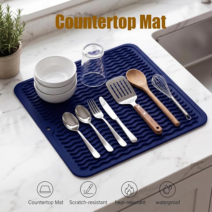 MicoYang Silicone Dish Drying Mat for Multiple Usage,Easy clean,Eco-friendly,Heat-resistant Silicone Mat for Kitchen Counter or Sink,Refrigerator or Drawer liner Navy Blue M 12 inches x 12 inches