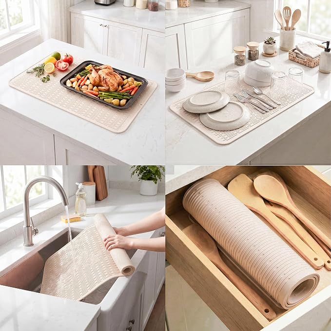 MicoYang Silicone Dish Drying Mat for Multiple Usage,Easy clean,Eco-friendly,Heat-resistant Silicone Mat for Kitchen Counter or Sink,Refrigerator or Drawer Liner Tapioca 4XL 32 inches x 18 inches
