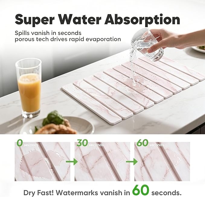 Stone Drying Mat for Kitchen Counter, Quick Diatomaceous Earth Mats for Dishes, 24"L x 16" W Super Absorbent Fast-Drying Collapsible Countertop Stone Mat (Marble White-07, 24" x 16")