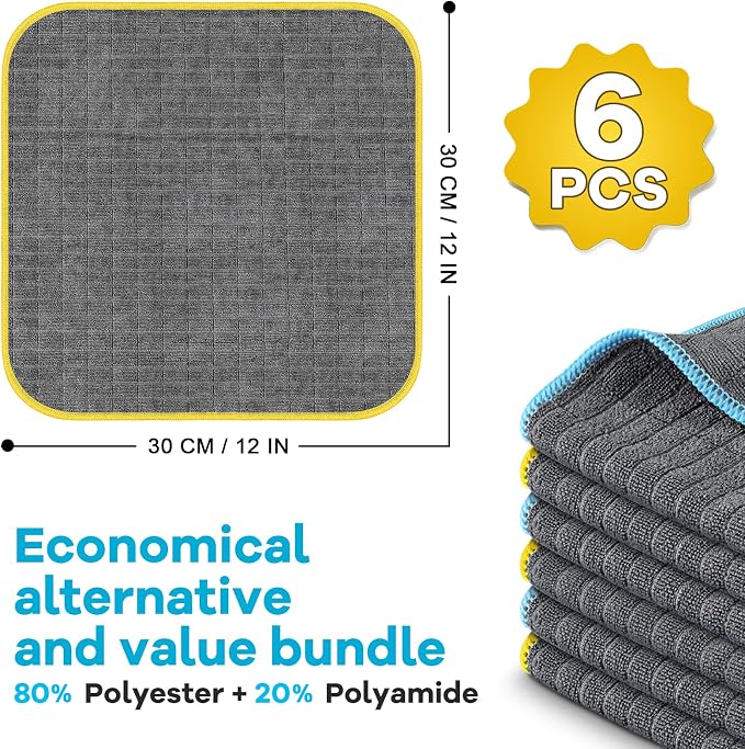 Airlab Glass Polishing Streak Free Miracle Cleaning Cloth, Grey-Yellow Blue | Lint Free Microfiber Cleaning Rags for Glasses Kitchen Dish Mirrors Easy Clean, 12 x 12 Inches, Pack of 6