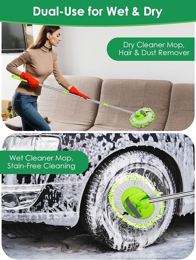 2 in 1 Lightweight Wall Cleaner Mop with Long Handle 75" 190cm Ceiling Duster Lint-Free Chenille Fiber Mop for Kitchen Baseboard Floor Glass Window Roof Cleaning Washer Scrubber Brush Tool Wet Dry Use