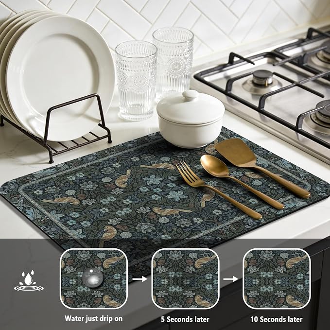 Vintage Floral Dish Drying Mat 16x18 Inch, Dish Mat Drying Kitchen Mats for Extra Large Absorbent Countertop, Aesthetic Boho Drying Matt Kitchen Counter Washable Heat Resistant Dish Drainer Rack Mat