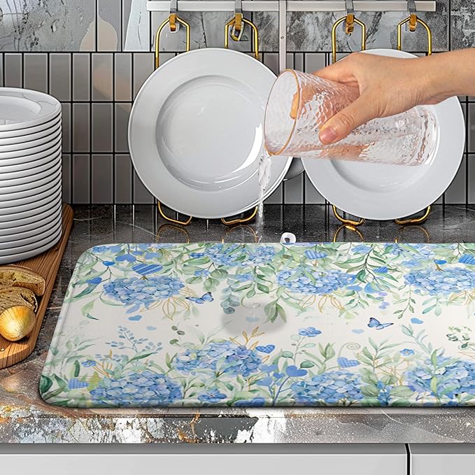 Blue Hydrangea Floral Dish Drying Mat for Kitchen Counter Spring Butterfly Flower Drainer Mat Absorbent Reversible Microfiber Heat Resistant Dry Pad Reusable Washable Dishes Pad 18x24 Inch