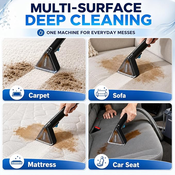 Portable Carpet Upholstery Cleaner for Furniture, Pet Stains, Car Interiors | Powerful Suction, Faster Drying, Deep Stain Removal, Lightweight Design, Large Dual Tanks, Long Hose & Cord, Home & Car Use