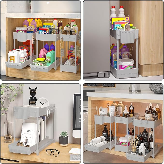 Sevenblue 3-Pack 2-Tier Under Sink Organizers with Sliding Drawers | Multi-use kitchen & bathroom storage, 12.8 inch gray cabinet organizer, space-saving sliding drawer design.