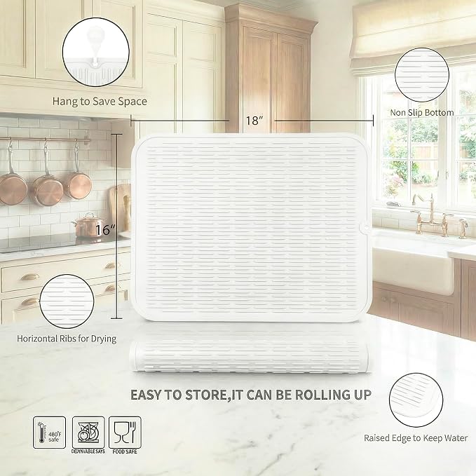 MicoYang Silicone Dish Drying Mat for Multiple Usage,Easy clean,Eco-friendly,Heat-resistant Silicone Mat for Kitchen Counter or Sink,Refrigerator or Drawer Liner White XL 18 inches x 16 inches