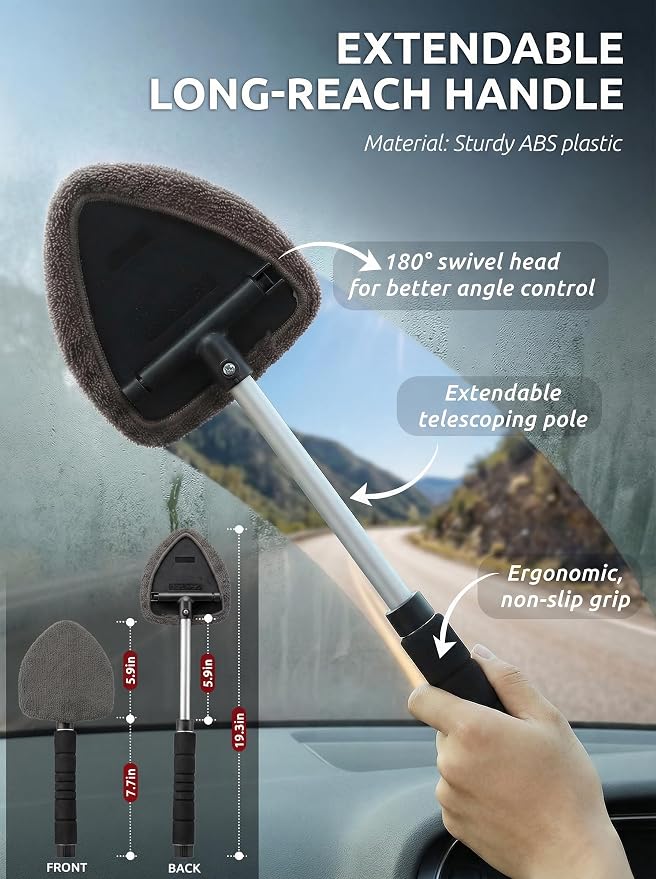TAKAVU Window & Windshield Cleaner, Extendable, 3 Microfiber Pads (Grey) | Pivoting Triangle Head Wiper Cleans Interior & Exterior Glass, 3 Washable Reusable Bonnets, Lint-Free