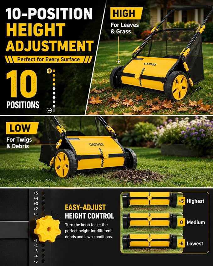 26 Inch Push Lawn Sweeper with 7 Cu. Ft. Large Mesh Collection Bag | Heavy Duty Steel Frame, 10" Rubber Wheels, 4 Spinning Brushes, Manual Height Adjustment for Leaves, Grass and Yard Debris