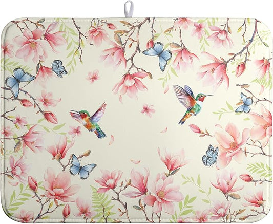 Spring Flowers Floral Dish Drying Mats Spring Summer Hummingbird Dish Mat Drying Matt Butterfly Dishes Dryer Pad for Kitchen Counter Absorbent Microfiber Washable Foldable Reusable 18x24 in