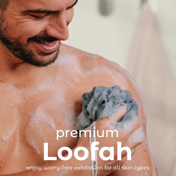 MainBasics Shower Loofah Sponge Pouf, Set of 3, Airy Blossom | Soft Mesh Body Scrubber and Bath Sponge for Gentle Exfoliation, Rich Lather, and Everyday Shower Use
