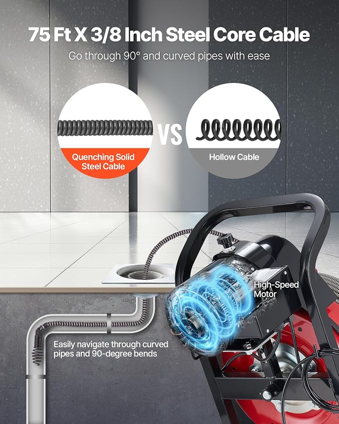 VEVOR Drain Cleaner Machine 75 FT x 3/8 Inch, Sewer Snake Auger Manual Feed with 4 Cutters & Air-activated Foot Switch for 2" to 4" Pipes