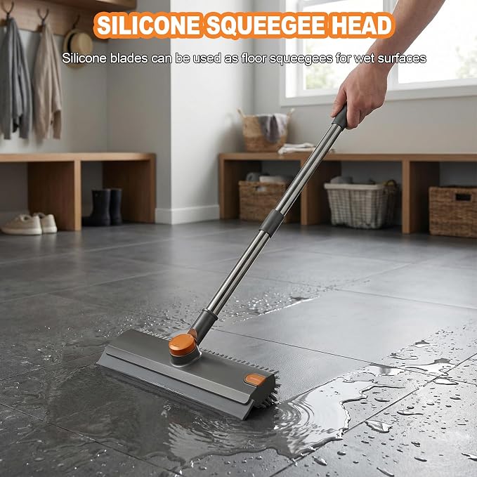 Floor Scrub Brush with Long Handle 3 in 1 Heavy Duty Stiff Bristle Scrubber Brush with Scraper V-Shaped Double-Sided Cleaning Brushes for Pool Tile, Grout,Crevices,Shower,Bathroom,Wall,Patio (Grey)