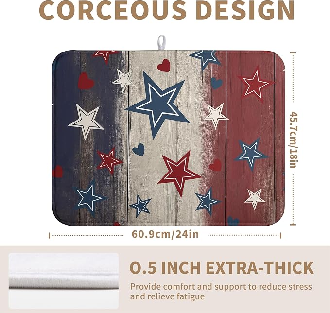 Patriotic Stars Dish Drying Mats 4th of July Dish Mat Blue Red Heart Drying Matt Dishes Dryer Pad for Kitchen Counter Absorbent Microfiber Washable Foldable Reusable 18x24 in